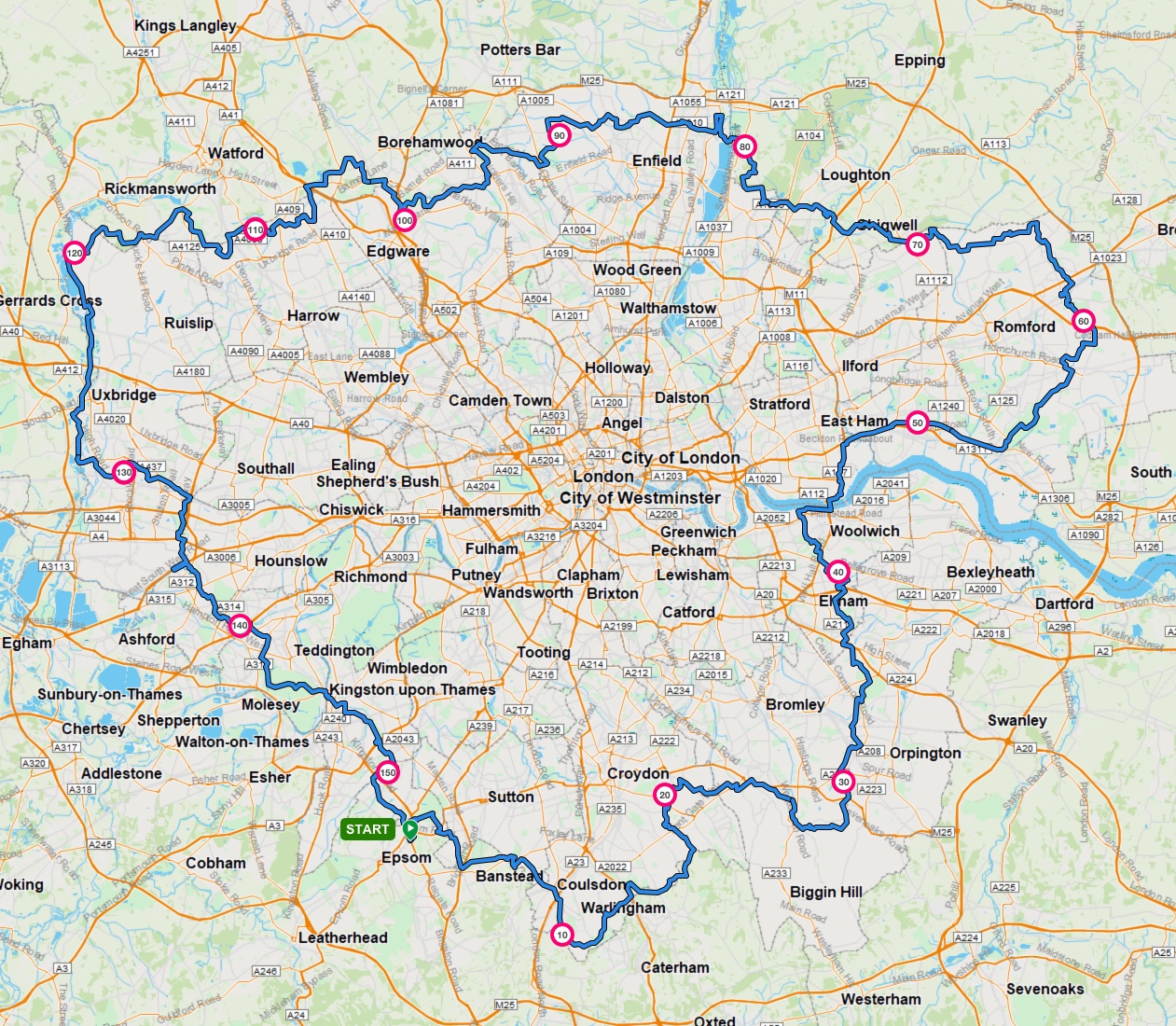 Detailed route map with 10-mile markers